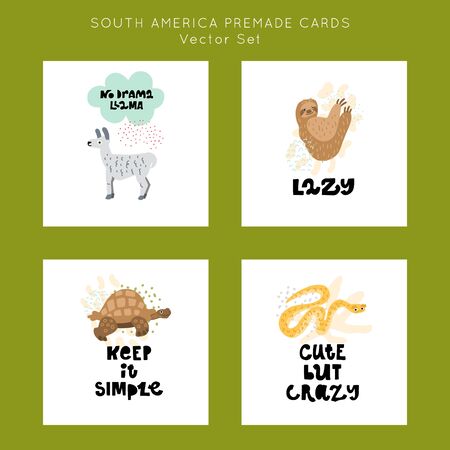 Cute premade vector cards set. Hand lettering quotes bundle with animals of South America illustrations. Positive  poster for your designs:t-shirts,bags,posters,merch. nursery, fabric.のイラスト素材