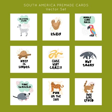 Cute premade vector cards set. Hand lettering quotes bundle with animals of South America illustrations. Positive  poster for your designs:t-shirts,bags,posters,merch. nursery, fabric.のイラスト素材