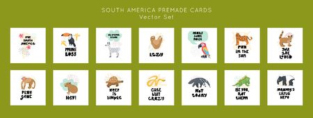 Cute premade vector cards set. Hand lettering quotes bundle with animals of South America illustrations. Positive  poster for your designs:t-shirts,bags,posters,merch. nursery, fabric.のイラスト素材