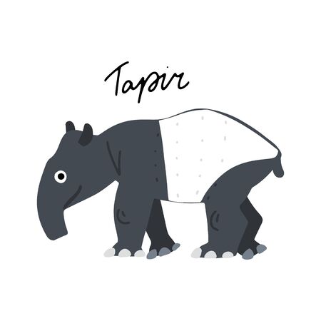 South America Tapir Animal vector illustration clipart. Kids design poster. Wild mammal drawing in scandinavian style. Handwritten lettering. Exotic wildlife. のイラスト素材