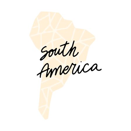 South America Map vector illustration. Vector isolated clipart. Kids design poster. Drawing in scandinavian style. Handwritten lettering.のイラスト素材