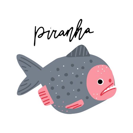 Piranha fish vector illustration clipart. Kids design poster. Wildanimal drawing in scandinavian style. Handwritten lettering. Exotic wildlife. のイラスト素材
