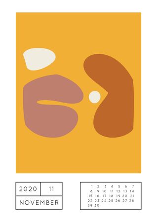 Collage style Fluid organic geometry shapes 2020 November calendar. Modern and original wall art design. Social media mockup. Week starts on subnday.のイラスト素材