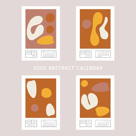 Collage style Fluid organic geometry shapes 2020 May, June, July, August calendar. Modern and original wall art design. Social media mockup. Week starts on subnday.のイラスト素材
