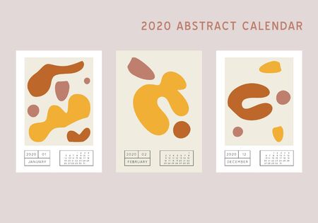 Collage style Fluid organic geometry shapes 2020 January, February, December calendar. Modern and original wall art design. Social media mockup. Week starts on subnday.のイラスト素材