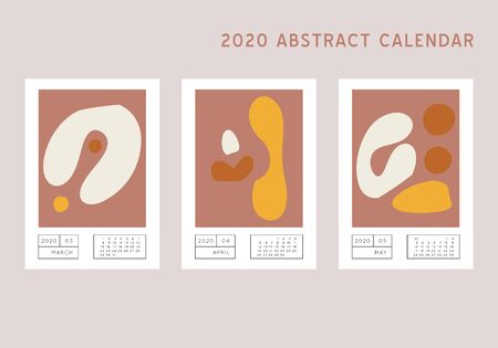 Collage style Fluid organic geometry shapes 2020 March, April, May calendar. Modern and original wall art design. Social media mockup. Week starts on subnday.のイラスト素材