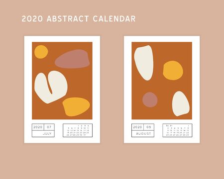 Collage style Fluid organic geometry shapes 2020 July, August calendar. Modern and original wall art design. Social media mockup. Week starts on subnday.のイラスト素材