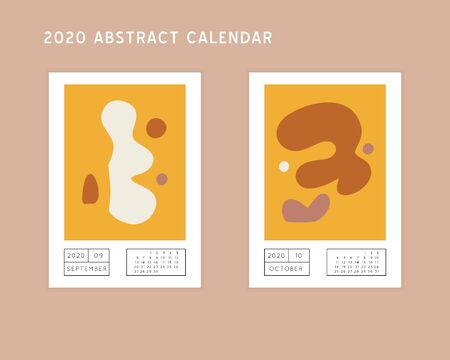 Collage style Fluid organic geometry shapes 2020 September, October calendar. Modern and original wall art design. Social media mockup. Week starts on subnday.のイラスト素材