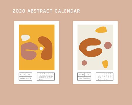 Collage style Fluid organic geometry shapes 2020 November, December calendar. Modern and original wall art design. Social media mockup. Week starts on subnday.のイラスト素材