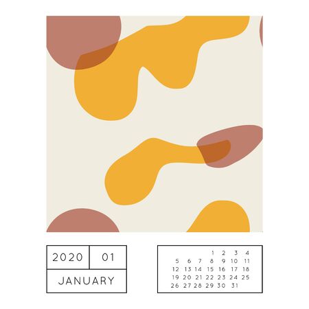 Collage style Fluid organic geometry shapes 2020 January calendar. Modern and original wall art design. Social media mockup. Week starts on subnday.のイラスト素材