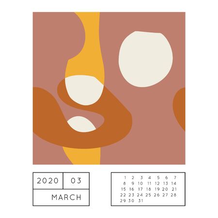 Collage style Fluid organic geometry shapes 2020 March calendar. Modern and original wall art design. Social media mockup. Week starts on subnday.のイラスト素材