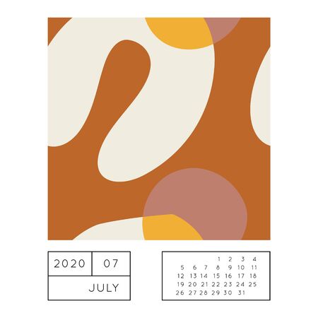 Collage style Fluid organic geometry shapes 2020 July calendar. Modern and original wall art design. Social media mockup. Week starts on subnday.のイラスト素材