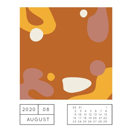Collage style Fluid organic geometry shapes 2020 August calendar. Modern and original wall art design. Social media mockup. Week starts on subnday.のイラスト素材