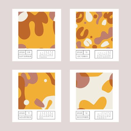 Collage style Fluid organic geometry shapes 2020 September, October, November, December calendar. Modern and original wall art design. Social media mockup. Week starts on subnday.のイラスト素材