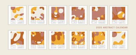 Collage style Fluid organic geometry shapes 2020 calendar. Modern and original wall art design. Social media mockup. Week starts on subnday.のイラスト素材