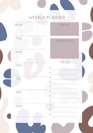 Minimalist abstract Weekly planner template. Blank white notebook page with feminine fluid shapes texture. Business organizer page. Paper sheet.のイラスト素材