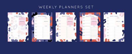 Set of minimalist planners. Weekly planner template. Blank white notebook page with feminine fluid shapes texture. Business organizer page. Paper sheet.のイラスト素材