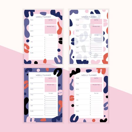 Set of minimalist planners. Weekly planner template. Blank white notebook page with feminine fluid shapes texture. Business organizer page. Paper sheet.のイラスト素材