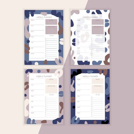 Set of minimalist planners. Weekly planner template. Blank white notebook page with feminine fluid shapes texture. 
Business organizer page. Paper sheet.のイラスト素材