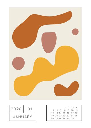 Collage style Fluid organic geometry shapes 2020 January calendar. Modern and original wall art design. Social media mockup. Week starts on subnday.のイラスト素材