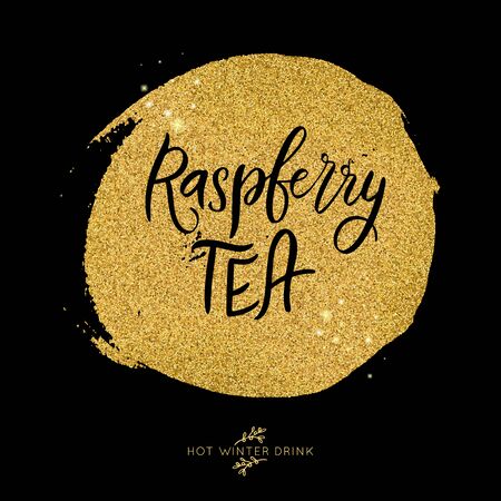 Raspberry tea. Shiny gold glowing glitter vector lettering quote. Christmas sparkling star dust.Hot winter holiday alcohol drink glowing illustration.のイラスト素材
