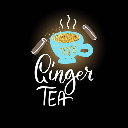 Ginger tea. Shiny gold glowing glitter vector lettering quote. Christmas sparkling star dust.Hot winter holiday alcohol drink glowing illustration.のイラスト素材
