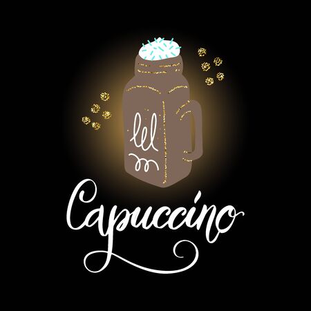 Cappuccino. Shiny gold glowing glitter vector lettering quote. Christmas sparkling star dust.Hot winter holiday coffee drink glowing illustration.のイラスト素材
