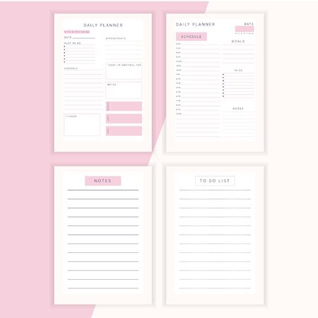 Set of minimalist abstract planners. Daily, weekly, monthly planner template. Blank printable vertical notebook page with space for notes and goals. Business organizer. Paper sheet size A4.のイラスト素材