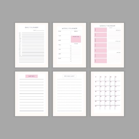 Set of minimalist abstract planners. Daily, weekly, monthly planner template. Blank printable vertical notebook page with space for notes and goals. Business organizer. Paper sheet size A4.のイラスト素材