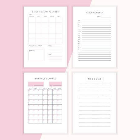 Set of minimalist abstract planners. Daily, weekly, monthly planner template. Blank printable vertical notebook page with space for notes and goals. Business organizer. Paper sheet size A4.のイラスト素材