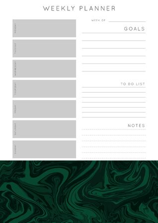 Vector marble planner.Daily, weekly, monthly planner template.Blank printable vertical notebook page with space for notes and goals.Paper sheet size A4.Fluid modern style.Colors green\blackのイラスト素材