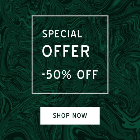 Marble vector art pattern. Modern and original liquid texture.Sale banner template for social media. Feminine abstract background. Fluid modern style.Green and black malachiteのイラスト素材