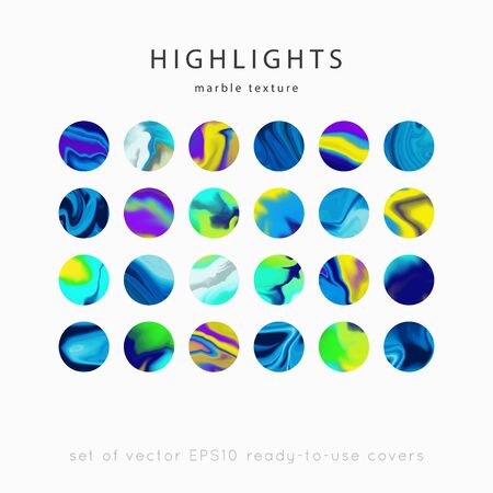 Social media Highlight covers background templates.Set of marble textures.Use as a backdrop for icons or your design.Vector abstract mockup.Colors blue, green, yellow, purpleのイラスト素材