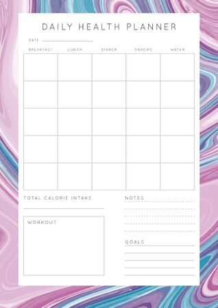 Vector marble planner.Daily, weekly, monthly planner template.Blank printable vertical notebook page with space for notes and goals.Paper sheet size A4.Fluid modern style.Colors pink\blue\purpleのイラスト素材