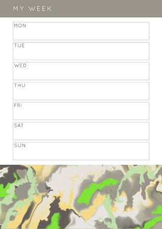 Vector marble planner.Daily, weekly, monthly planner template.Blank printable vertical notebook page with space for notes and goals.Paper sheet size A4.Fluid modern style.Grey\yellow\greenのイラスト素材