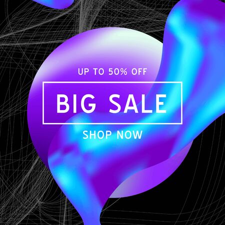 Vector Iridescent holographic fluid texture in vibrant gradient colors.Sale banner template for social media.Marbled ink Trippy image.Synthwave/retrowave/vaporwave neon aesthetics.Blue,black,purple,whiteのイラスト素材