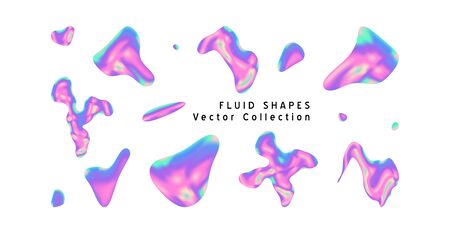 Vector Iridescent holographic fluid abstract drawing  in vibrant gradient colors.Set of shapes.Trippy and distorted 
image, psychedelic hippie style. Synthwave/ retrowave/ vaporwave neon aesthetics.のイラスト素材