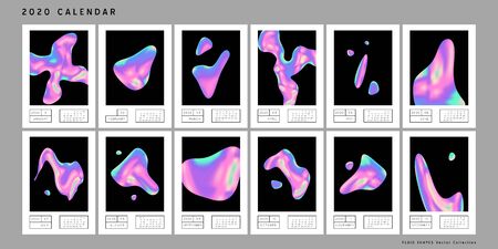 Vector Iridescent holographic fluid shapes  in vibrant gradient colors.Calendar 2020.Trippy and distorted image, psychedelic hippie style. Synthwave/ retrowave/ vaporwave neon aesthetics.のイラスト素材