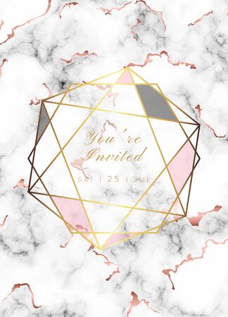 Vector marble modern wedding invitation template. Geometric shape frame with space for text.Luxury classy Rose Gold design.Pink brochure, flyer, cover, poster, card, logo, business identity style.のイラスト素材