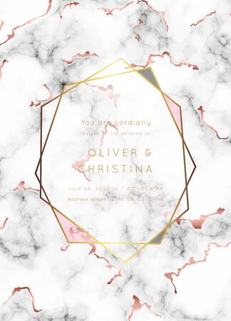 Vector marble modern wedding invitation template. Geometric shape frame with space for text.Luxury classy Rose Gold design.Pink brochure, flyer, cover, poster, card, logo, business identity style.のイラスト素材
