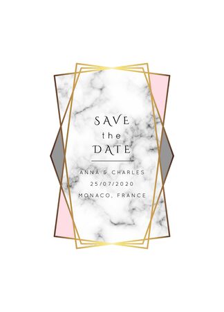 Vector marble modern wedding invitation template. Geometric shape frame with space for text.Luxury classy Yellow Gold design with rose and gray triangles.Brochure, flyer, cover, poster, card, logo, business identity style.のイラスト素材