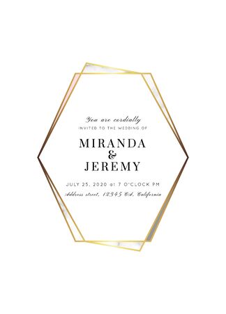Vector marble modern wedding invitation template. Geometric shape frame with space for text.Luxury classy Yellow Gold design with rose and gray triangles.Brochure, flyer, cover, poster, card, logo, business identity style.のイラスト素材