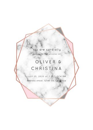 Vector marble modern wedding invitation template.Geometric shape frame with space for text.Luxury classy Rose Gold design with triangles.Brochure, flyer, cover, poster, card, logo, business identity style.のイラスト素材