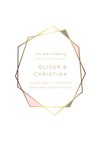 Vector Geometric shape modern wedding invitation template.Polygon frame with space for text.Luxury classy Yellow Gold design.Brochure, flyer, cover, poster, card, logo, business identity style.のイラスト素材