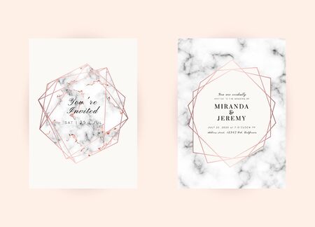 Vector marble modern wedding invitation templates set. Geometric frame with space for text.Luxury classy Rose Gold design.Pink brochure, flyer, cover, poster, card, logo, business identity style.のイラスト素材