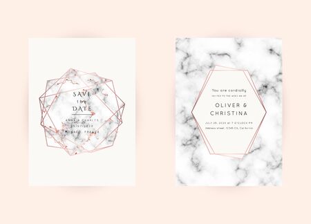 Vector marble modern wedding invitation templates set. Geometric frame with space for text.Luxury classy Rose Gold design.Pink brochure, flyer, cover, poster, card, logo, business identity style.のイラスト素材