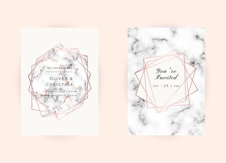 Vector marble modern wedding invitation templates set. Geometric frame with space for text.Luxury classy Rose Gold design.Pink brochure, flyer, cover, poster, card, logo, business identity style.のイラスト素材