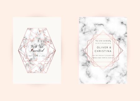 Vector marble modern wedding invitation templates set. Geometric frame with space for text.Luxury classy Rose Gold design.Pink brochure, flyer, cover, poster, card, logo, business identity style.のイラスト素材