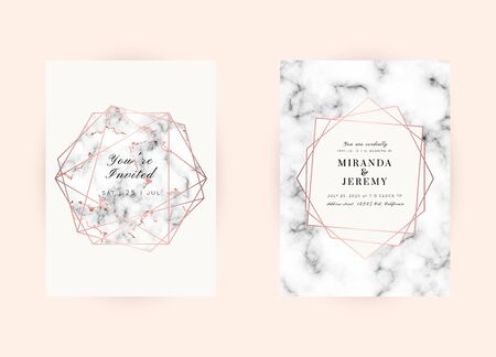 Vector marble modern wedding invitation templates set. Geometric frame with space for text.Luxury classy Rose Gold design.Pink brochure, flyer, cover, poster, card, logo, business identity style.のイラスト素材