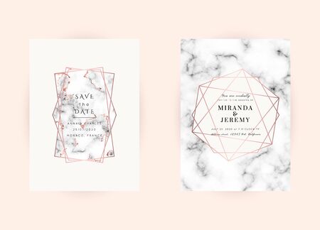 Vector marble modern wedding invitation templates set. Geometric frame with space for text.Luxury classy Rose Gold design.Pink brochure, flyer, cover, poster, card, logo, business identity style.のイラスト素材